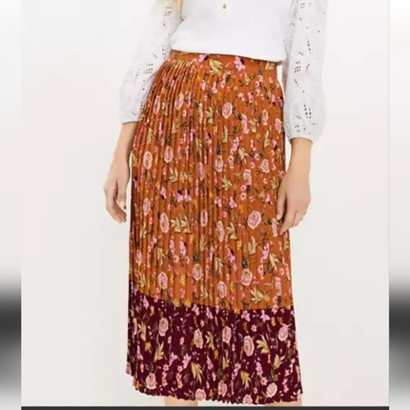 Loft Floral Pleated Midi Skirt Size 14 Contrast Color Print Flowy Spring Femme - Picture 11 of 12